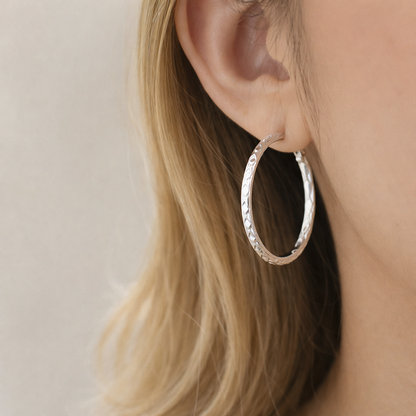 Rhombus Textured Silver Hoop Earrings