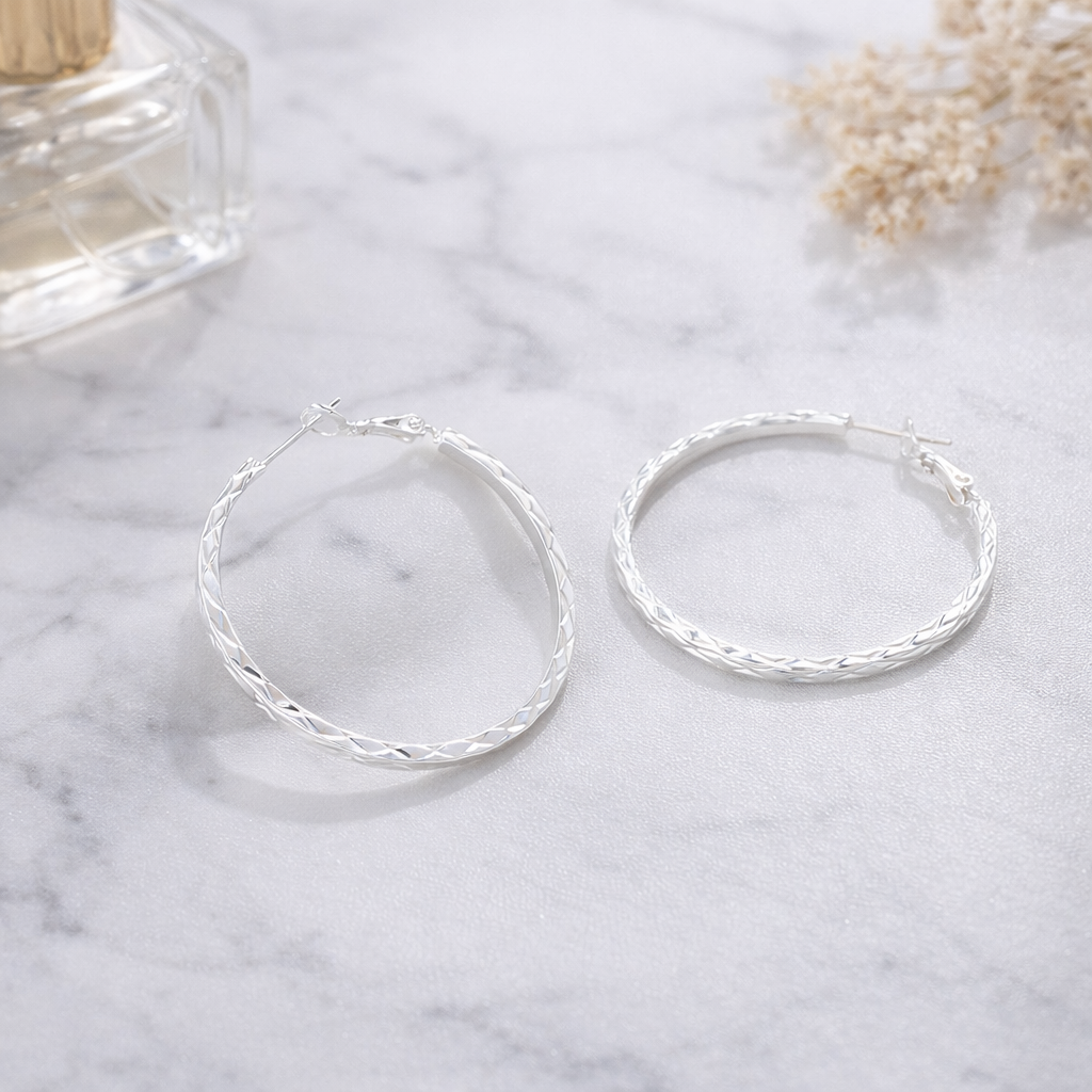 Rhombus Textured Silver Hoop Earrings