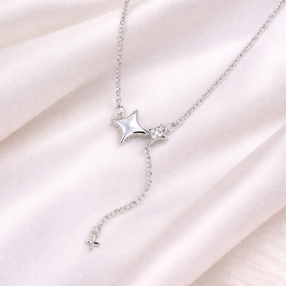 Faux Shell & Zircon Four-Pointed Star Pendant Necklace