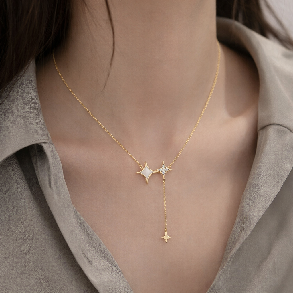 Faux Shell & Zircon Four-Pointed Star Pendant Necklace