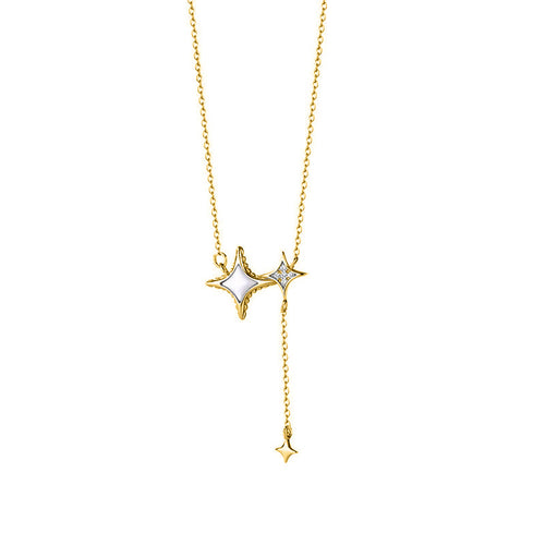 Faux Shell & Zircon Four-Pointed Star Pendant Necklace