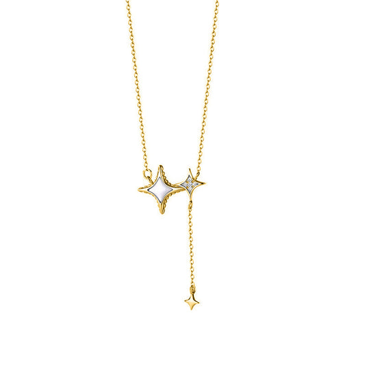 Faux Shell & Zircon Four-Pointed Star Pendant Necklace