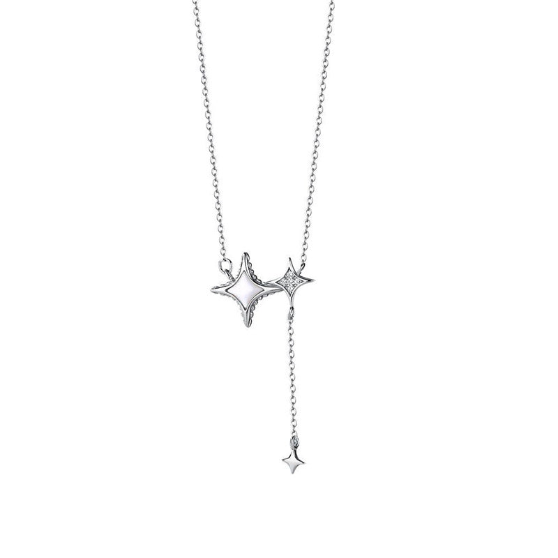 Faux Shell & Zircon Four-Pointed Star Pendant Necklace